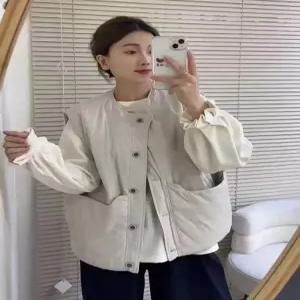 여친 면 캐주얼 조끼 솔리드 라운드 싱글 빅 포켓 다운 민소매 원픽1