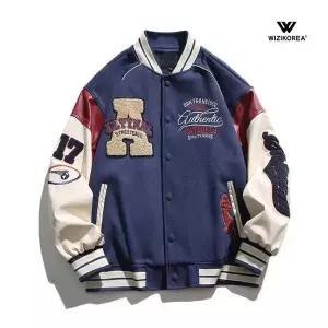 남성 자수 스타디움 점퍼 봄 가을 가죽 소매 야구 자켓 WI201J1169166