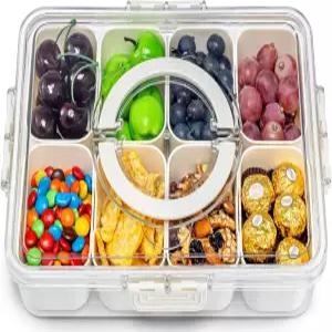 퓨처 밀폐 스낵 박스 용기 뚜껑과 손잡이가 있는 분할 서빙 트레이 사탕 및 견과류용 투명 여행 일상용