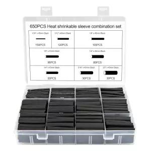 650pcs 열수축 튜빙 키트 블랙 와이어 케이블 전기 절연 슬리브 모음 세트 휴대용 케이스 UL