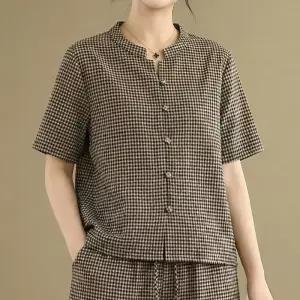 [퀸이즈][퀸이즈] [77까지]허드 모노 체크 린넨 블라우스