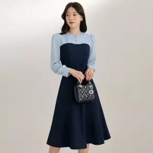 시크라인 ~XXL까지 디유 라운드넥 배색 플레어 벨트 원피스 봄 가을 하객룩 오피스룩 모임룩 격식룩 빅사이