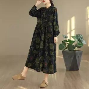 픽토 여성 원피스 빈티지 가을 슬림핏 긴팔 브이넥 면마 A라인 스트링 롱스커트 플로럴 프린트 젠3