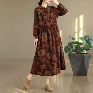 픽토 여성용 원피스 빈티지 가을 A라인 플로럴 긴팔 롱스커트 프린트 브이넥 슬림핏 스트링 면마 젠3