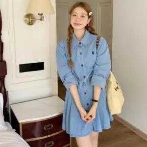 [SBD] 허리밴딩 여성 A라인 청원피스 카라넥 데님미니원피스