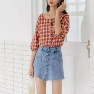 [SBD] 메이비굿 블라우스 스퀘어넥 프릴블라우스 체크