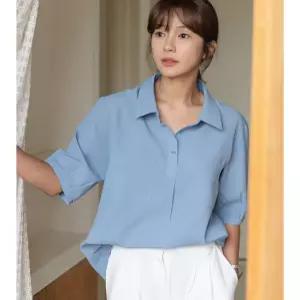 [엘리시아] 무지 카라 포켓 반팔 블라우스