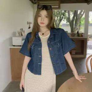 여름 여자 레이어드 세미크롭 데님 반팔 남방 청 자켓