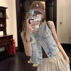 민소매 데님 청자켓 여성용 노카라 봄 여름 크롭 캐주얼 아우터