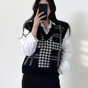 브이넥 도톰 니트조끼 여성 조끼 체크 니트베스트