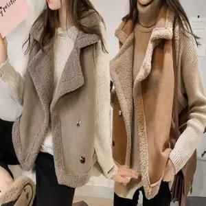 페이크 더블 무스탕조끼 쪼끼 여성 카라 베스트 퍼