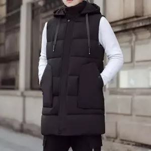 심플 여성 롱 웜웨어 후드 패딩 베스트