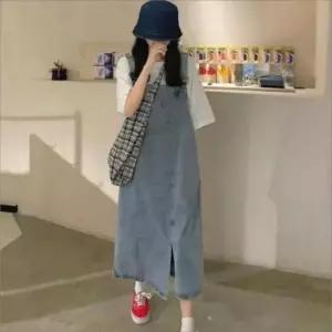 롱 멜빵스커트 트임 데님 언발 멜빵치마 캐주얼
