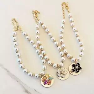 강아지 장미 진주 목걸이 M 1P 반려견 이름표 팬던트 애견산책목줄