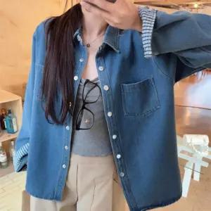 여자 오버핏 카라 롤업 스트라이프 데님 셔츠