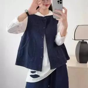 볼사스 여성 청 캐주얼 빈티지 조끼 솔리드 라운드 싱글 민소매 나시 ADOR1