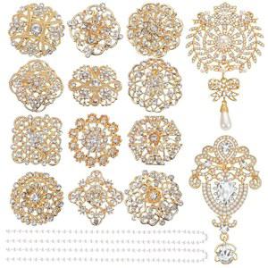 14개 크리스탈 플라워 브로치 핀 세트 골드 진주 웨딩 부케 여성 DIY 공예 파티용