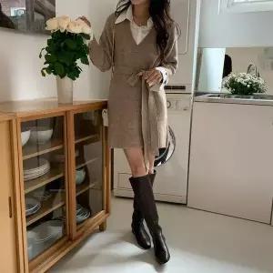 [하프클럽/]여자 셔츠 레이어드 허리 스트랩 니트 미니원피스