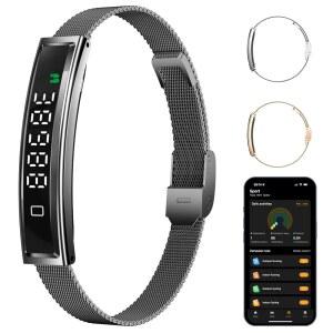 LINCNPHLL 스마트 팔찌 활동 헬스 트래커 터치스크린 / 수면 심박수 혈중 산소 5ATM 방수 다중 스포츠 모드 iOS 안드로이드용 무료 앱(스틸 벨트 블랙)