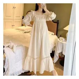 김양리빙 / 여성 순면 레이스 롱원피스 잠옷 공주풍 홈웨어 드레스 파자마