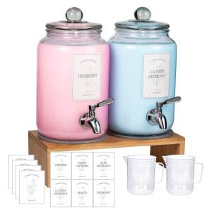 2팩 유리 세탁 세제 디스펜서 누수 방지 펌프가 장착된 견고한 섬유 유연제 재사용 가능한 용기 대나무 스탠드 108온스 대형 비누 세탁실 정리용 (2)