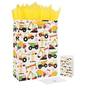 16.5 u201D 초대형 차량 테마 선물 가방 세트에는 소년 생일파티 베이비 보이 베이비샤워 신생아 뉴맘 또는 부모를 위한 인사말 카드 휴지(노란색 자동차 디자인)가 포함되어 있습니다.