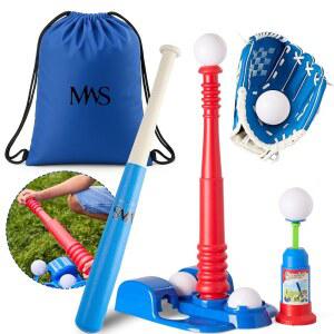 어린이용 T볼 세트 용 야구 티셔츠 5-8인용 글러브 배트 6볼 조절식 스탠드 가방 장난감 실내 야외 놀이 운동 기술 개발 선물 남자