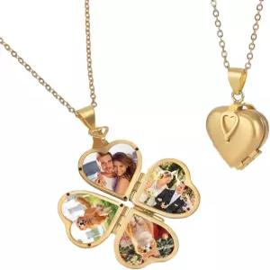 핑거 인스피어 러브 하트 로켓 목걸이 맞춤형 골든 홀더 4장의 사진 황동 모양 펜던트 빈티지 포 클로버