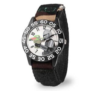 만달로리안과 베이비 요다 다이얼이 특징인 3세 소년용 스타워즈 시계 u2013 장난감과 갤럭시 어드벤처 u2013 블랙 베젤, 벨크로 잠금장치가 있는 블랙 나일론 스트랩