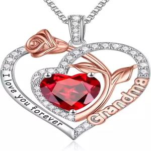 이필 탄생석 할머니 목걸이 - 어머니의 날 생일 선물을 위한 925 스털링 실버 로즈 하트 펜던트