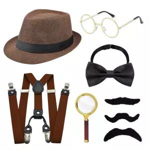 Xerteam 탐정 코스튬 20년대 탐정 코스튬 성인용 모자 멜빵 타이 돋보기 콧수염 탐정 코스프레, 브라운.,