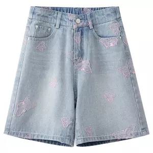 여성용 여름 청반바지 청바지 트렌치 자수 하이웨스트 와이드 A라인 핫팬츠 MF2