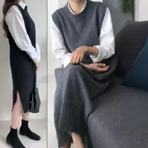 여자 여성 겨울 데일리 코디 라운드넥 조끼형 롱니트