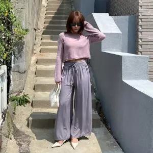 [하프클럽/]여자 허리밴딩 소프트 찰랑 스티치 포인트 와이드 팬츠