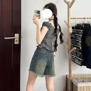 바지 청 퍼 와이드 핫팬츠 반바지 트리밍 여자데님반바지 하이웨스트 여름용 워싱 A라인 ible2