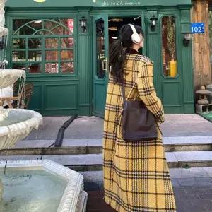 [디어로우]노미 체크 배색 더블 롱 코트