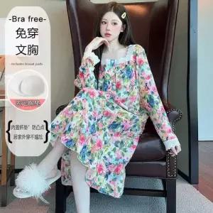 가을 봄 빅사이즈 패드 파자마 편안한 커플 잠옷세트 롱스커트 슬립 패피3