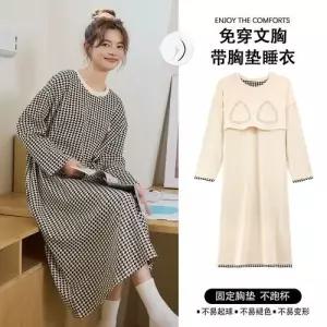 캐주얼 봄 가을 슬립 대범한 패드 잠옷 커플 잠옷세트 라운드 편안한 긴팔 롱스커트 파자마 패피3