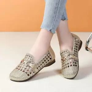 여성 하계 빅사이즈 위빙 플랫 펀칭 MN 스트랩 샌들 미끄럼방지 슈즈 낮은굽 펌프스 OOTD2