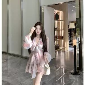 여름 원피스 스커트 여자 브이넥 쉬폰 플레어 프린트 스트랩 슬림핏 원픽2