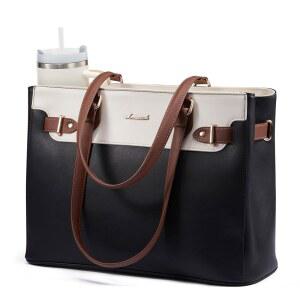 [미국배송] LOVEVOOK 여성용 노트북 토트백 큰 컵 홀더가 있는 교사용 15.6인치 방수 가죽 컴퓨터 가방