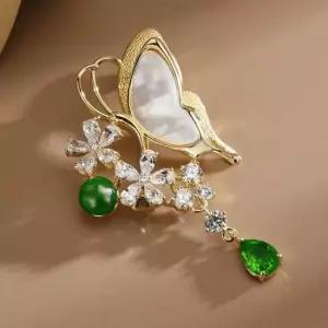 호접 백자개 담수진주 나비 브로치 AAA지르코니아 그린