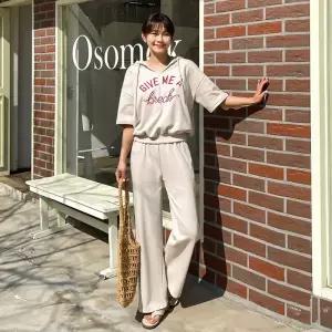 [핑크시슬리] SET/브릭자수 반팔 와이드 트레이닝세트