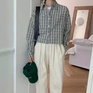 [하프클럽/] 여성 가을 크롭 체크 앞포켓 귀여운 데일리 긴팔 셔츠 남방