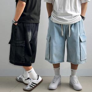 리얼타임 빅카고 버뮤다 데님팬츠 7부 / 남자 와이드 청반바지 밴딩 스판 남성 연청 흑청 여름 통큰 통넓은 카고 커플 여름