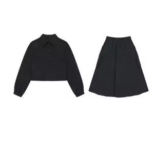 [하프클럽/]  25봄 셋업  블라우스 SET 와이드 스커트7513BK