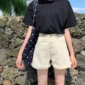 [하프클럽/]여성용 캐주얼 와이드핏 삼버튼 데님 숏팬츠