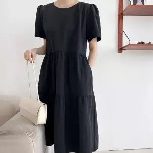 [다잇템][다잇템] 여자 나일론 민무늬 벌룬반팔 티어드 SS 바스락 롱원피스_2