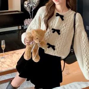[하프클럽/]꽈배기 니트 벨벳리본 가디건 3컬러ES-4028