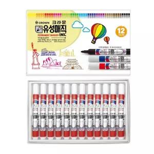 크라운 유성매직 단색 빨강색 12개입 ( 사무용품 문구 유성펜 고급잉크 둥근닙